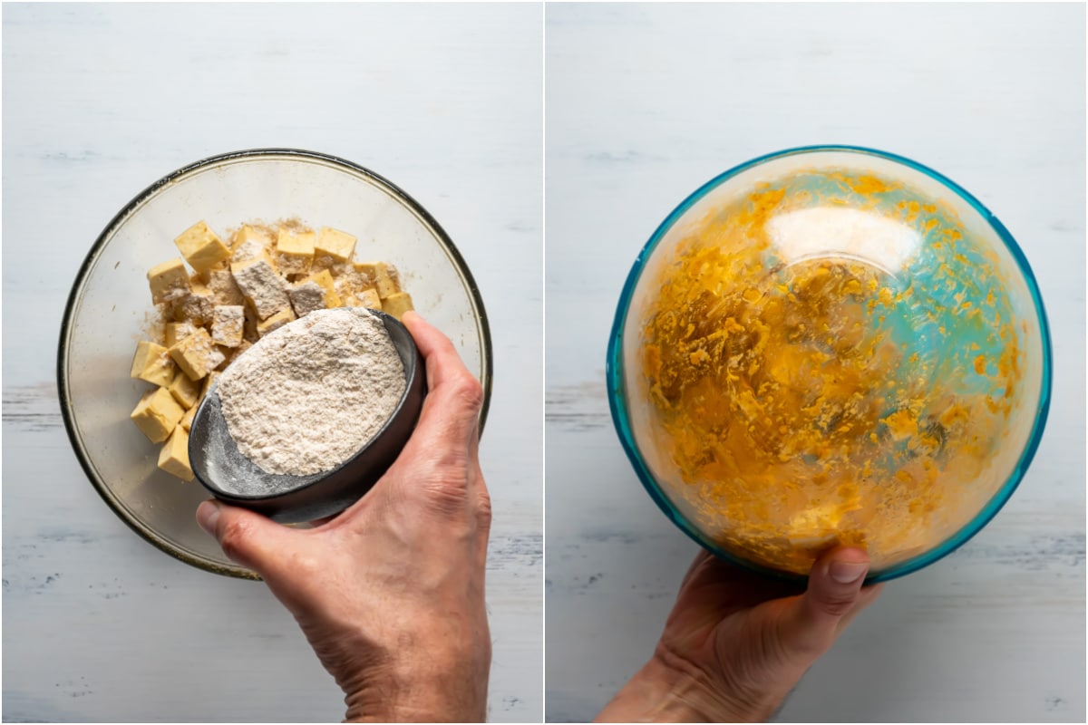 Collage of two photos showing dry spices added to tofu and sauce in bowl and rotated in the bowl until well mixed. 