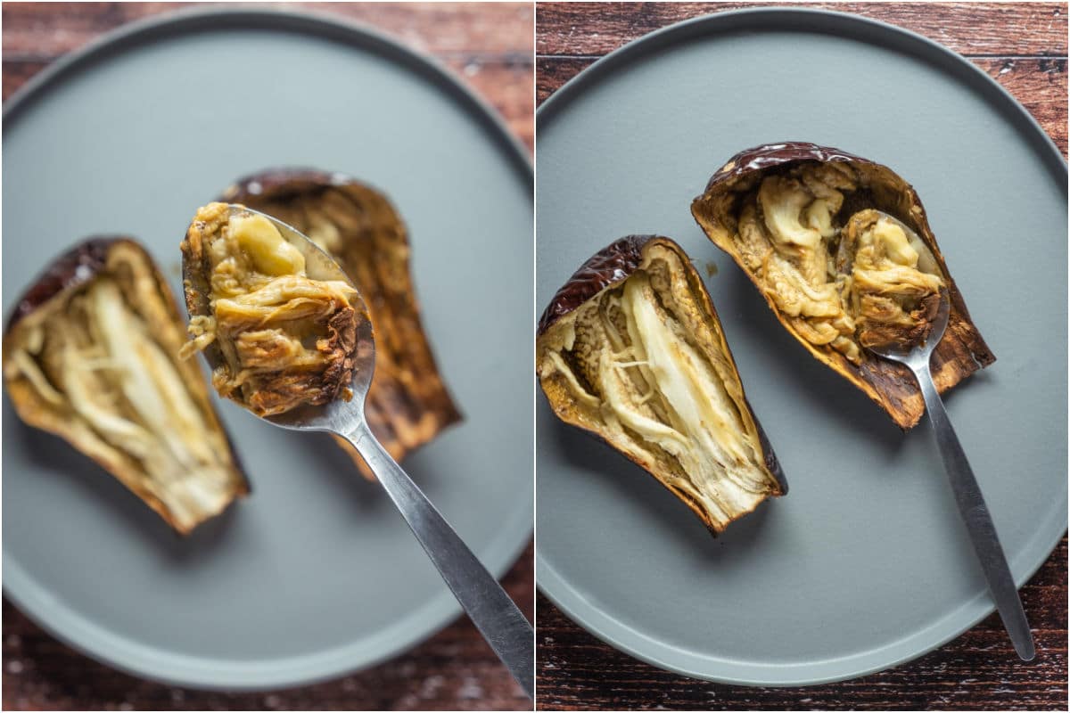 Two photo collage showing scooping out the flesh from baked eggplants.