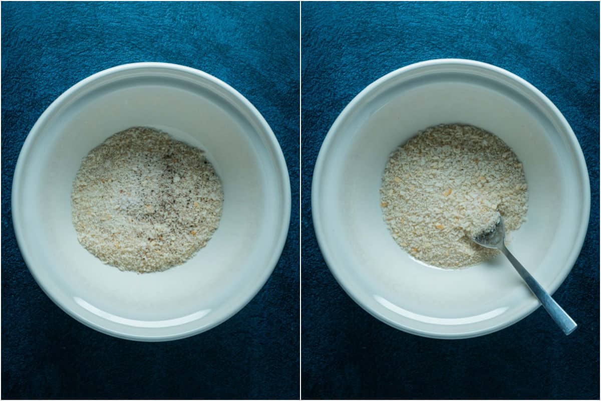 Two photo collage showing breadcrumbs, salt and pepper added to bowl and mixed together.