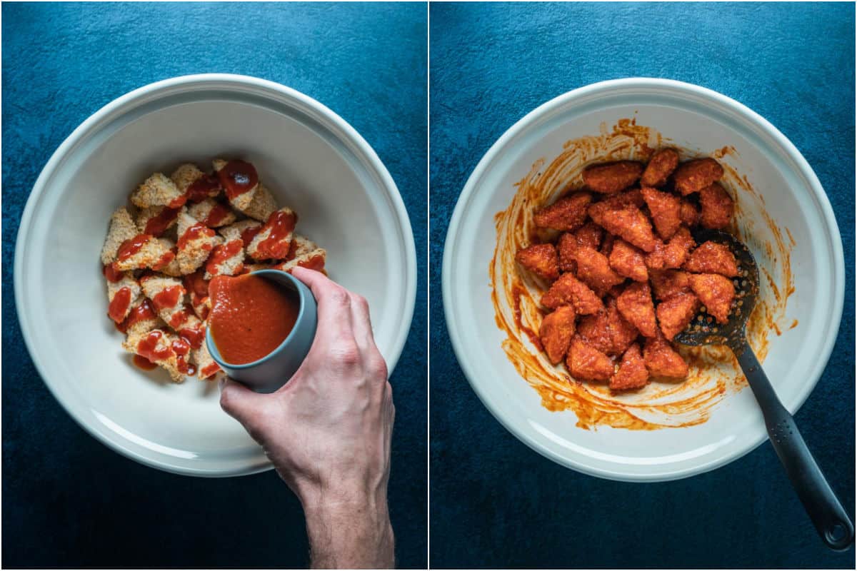 Two photo collage showing baked tofu triangles placed in bowl and BBQ sauce poured over the top.