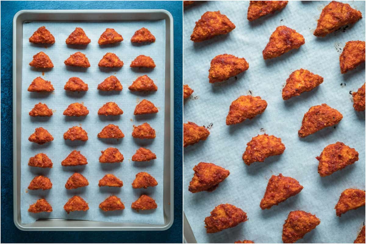 Two photo collage showing bbq sauce coated tofu on parchment lined tray and then baked.