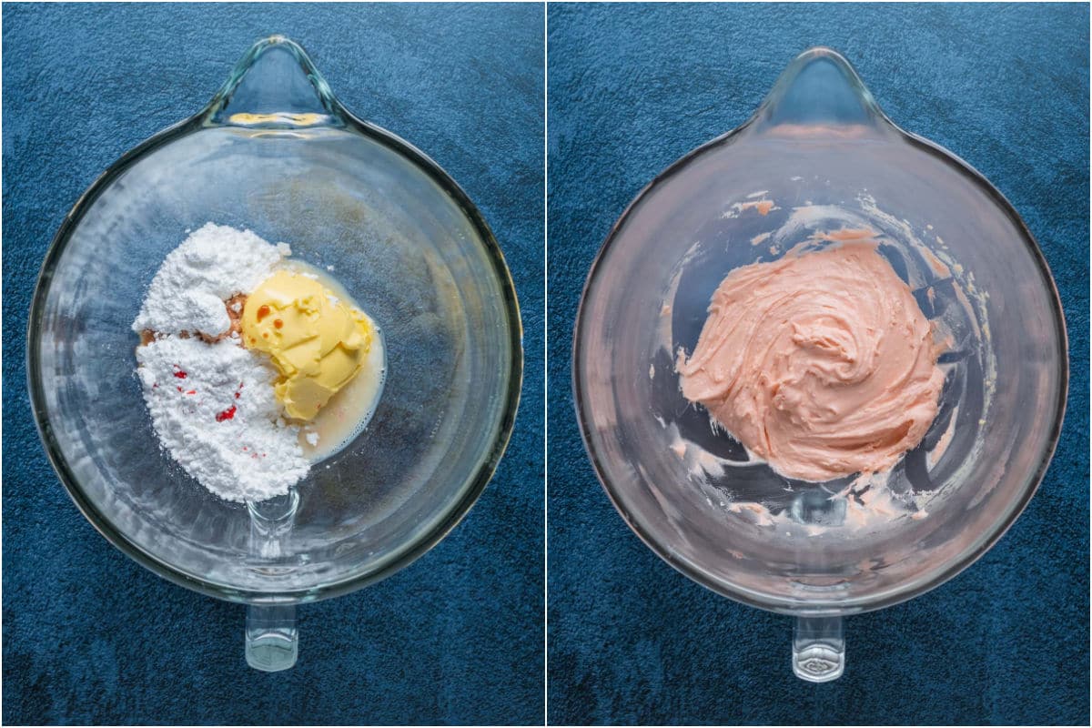 Two photo collage showing ingredients for frosting added to stand mixer and mixed together.