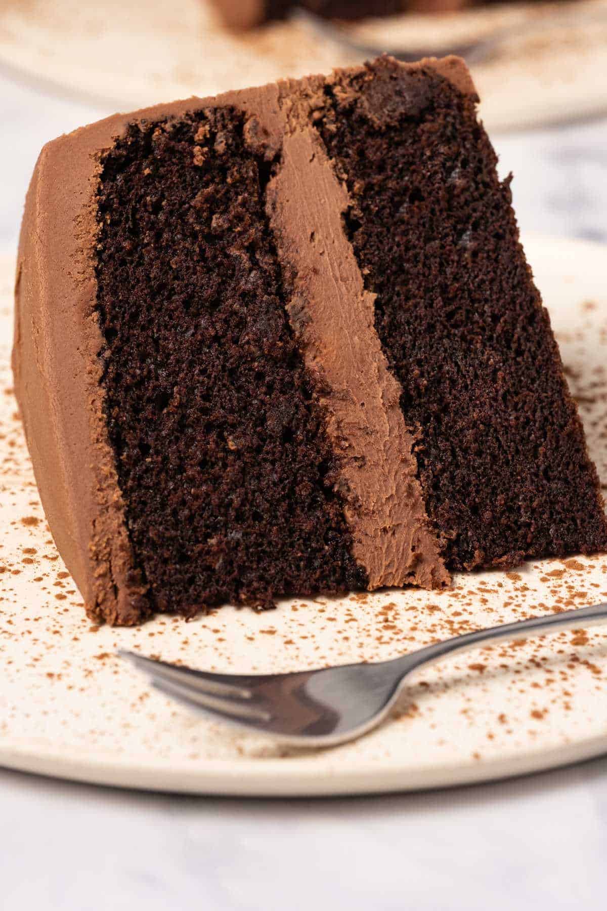 Slice of chocolate cake on a white plate with a cake fork. 