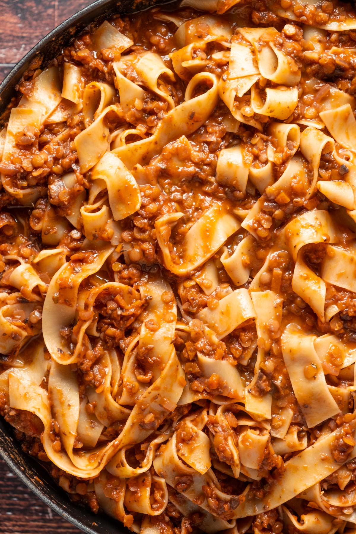 Lentil ragu in a skillet.