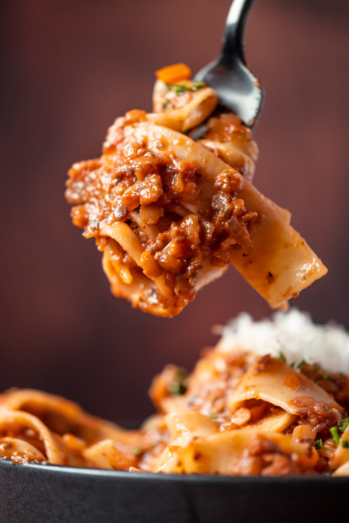 Forkful of lentil ragu.