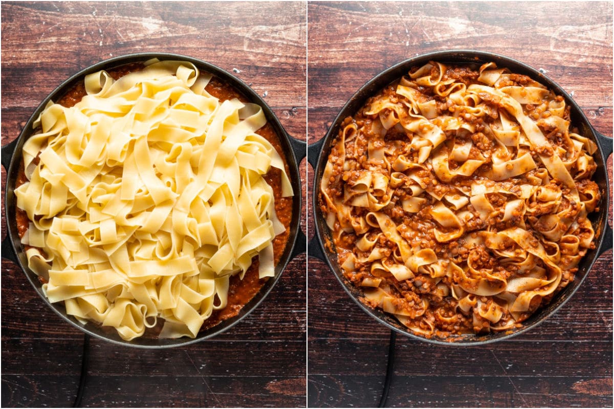 Cooked pasta added to lentil ragu sauce and folded in.