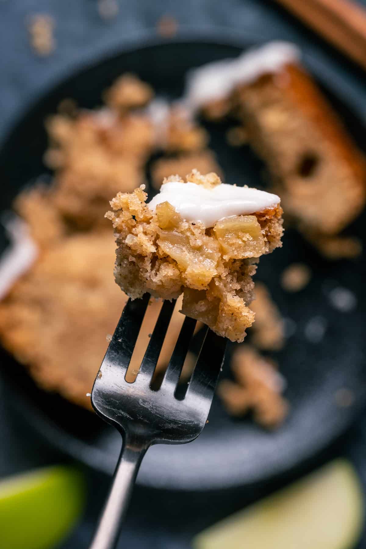 vegan apple bread on a fork