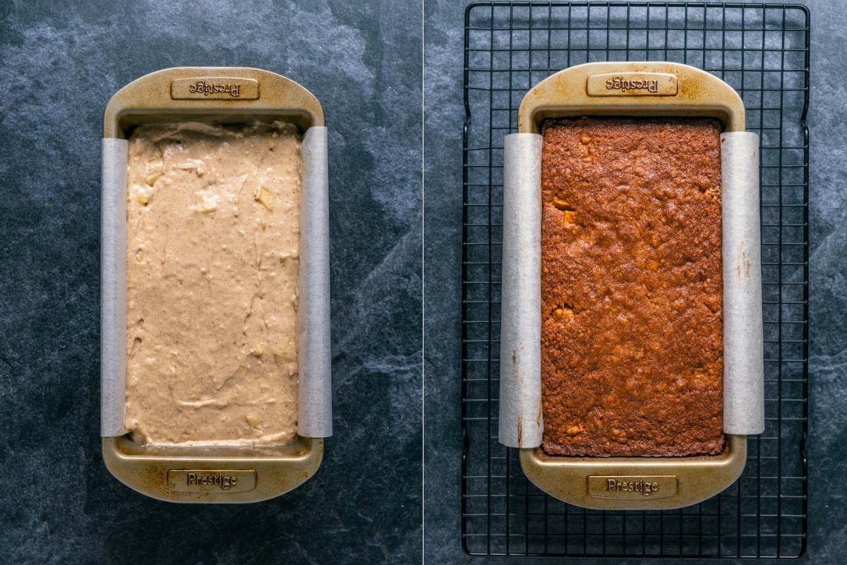 Batter transferred to loaf pan and baked.