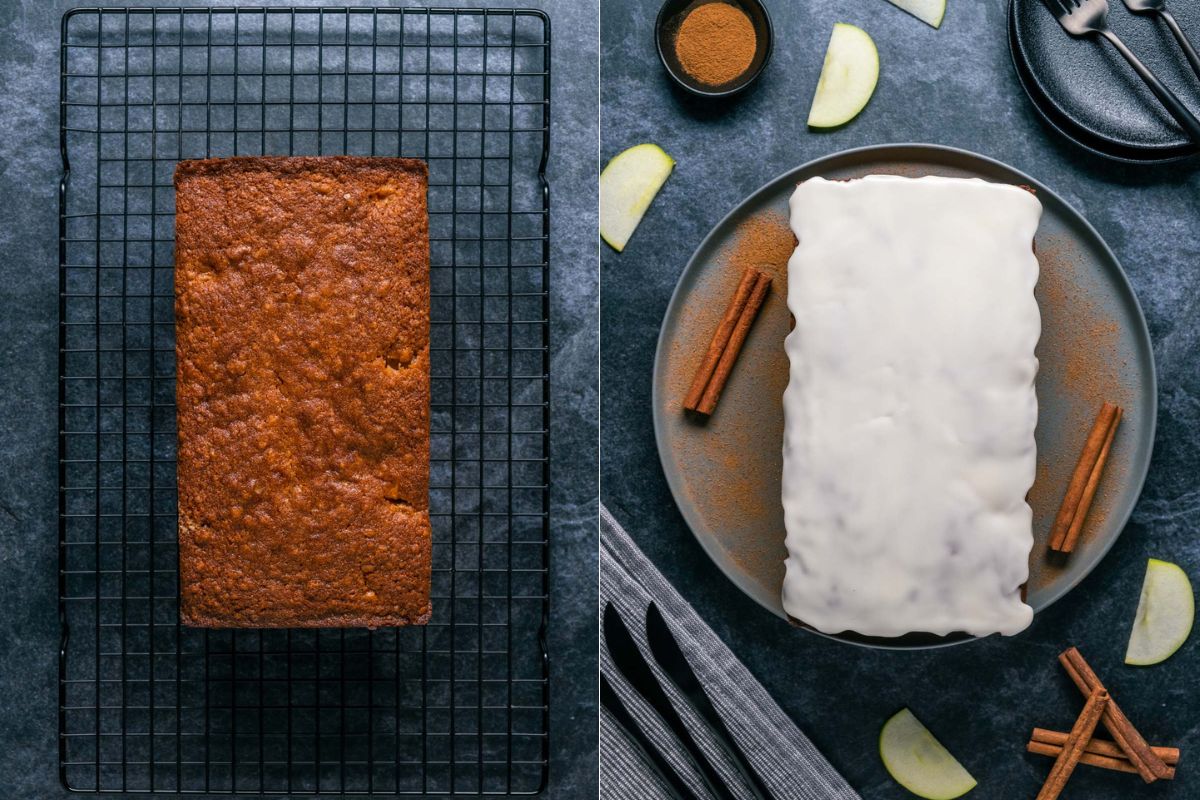 Cooled and glazed vegan apple bread.