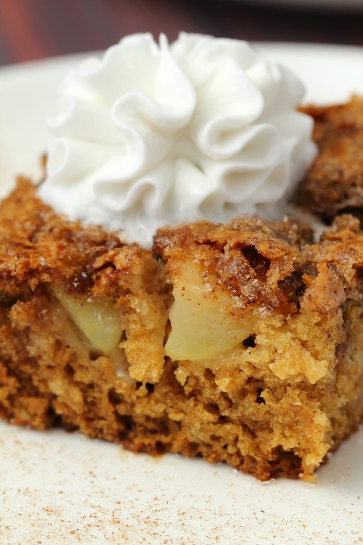 Slice of vegan apple cake topped with vegan whipped cream on a white plate. 