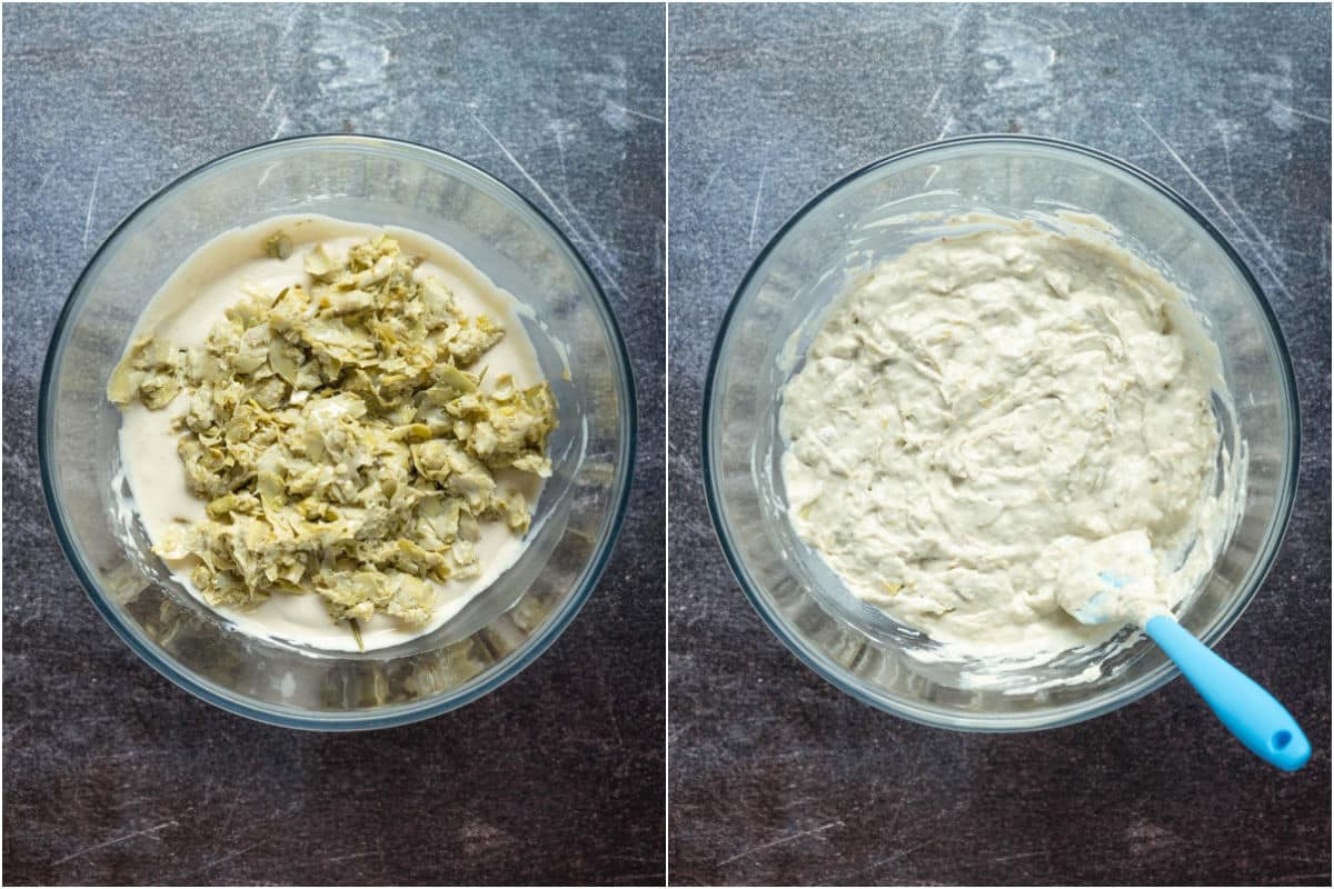 Cooked artichokes added to bowl and mixed into a dip.