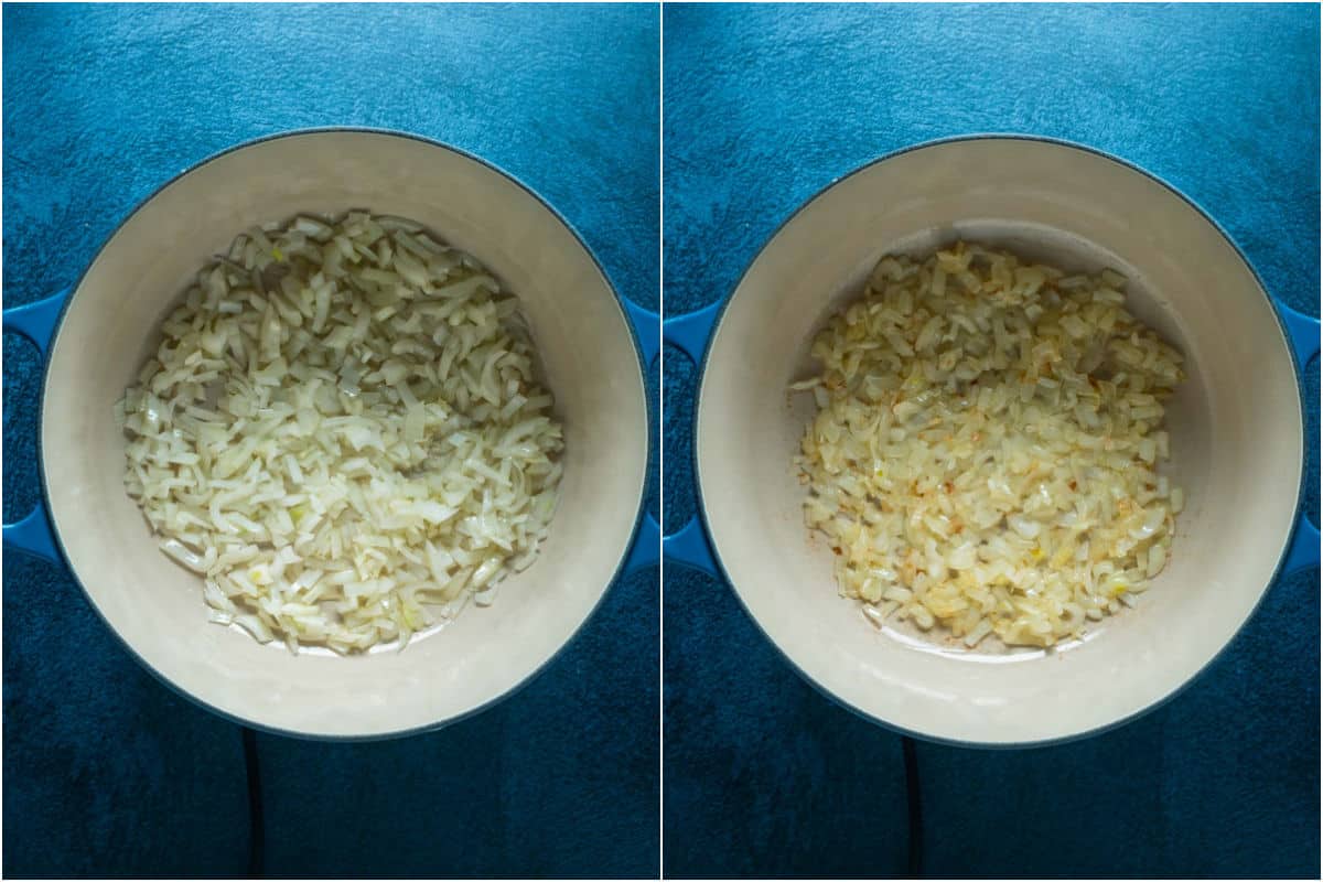 Two photo collage showing onions and olive oil added to pot and sautéed.