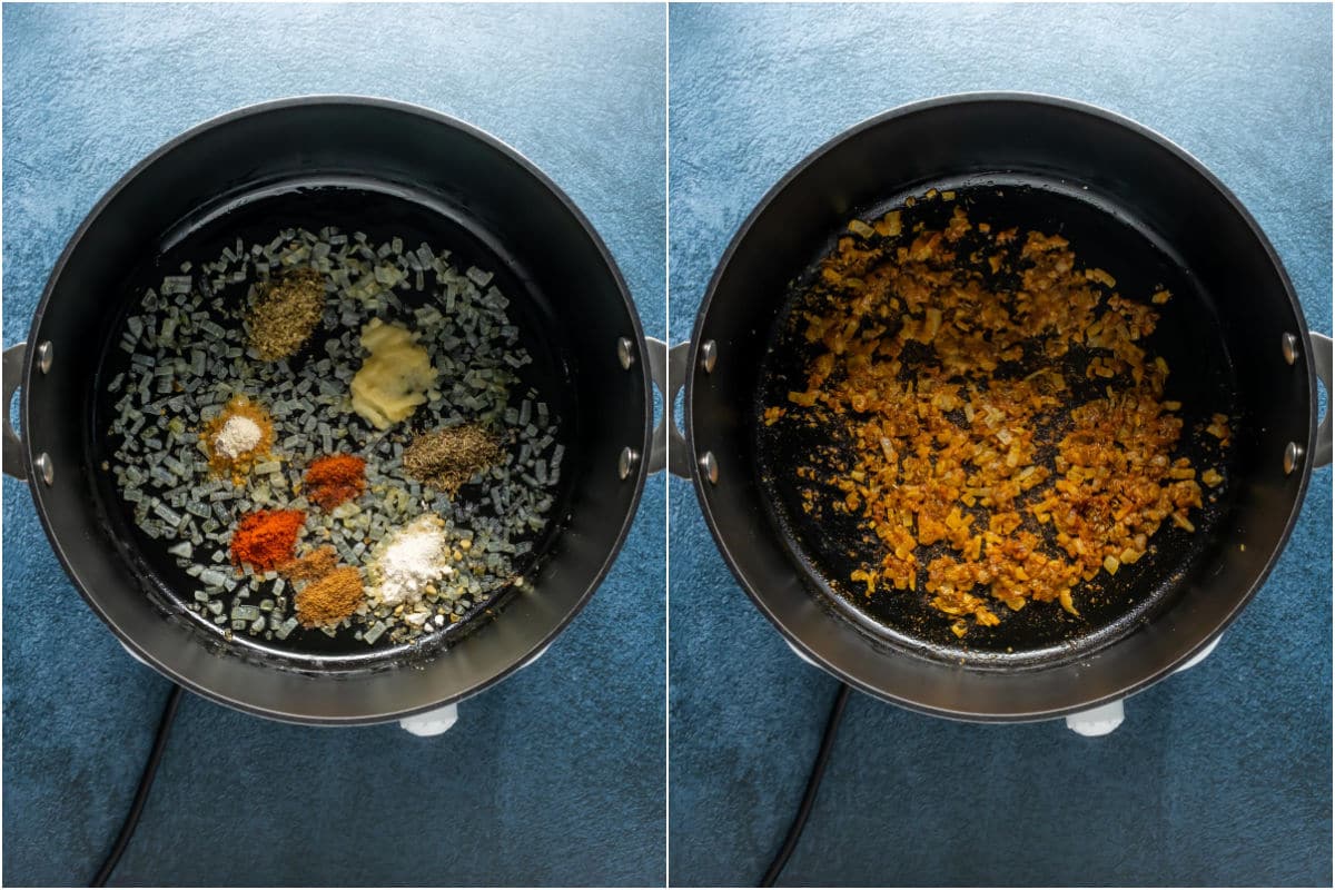 Two photo collage showing crushed garlic and spices added to onions and sautéed.