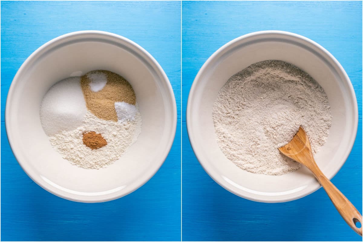 Collage of two photos showing dry ingredients added to mixing bowl and mixed together.