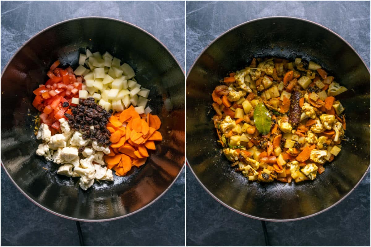 Tomato, potato, carrot, cauliflower and raisins added to skillet and sautéed.