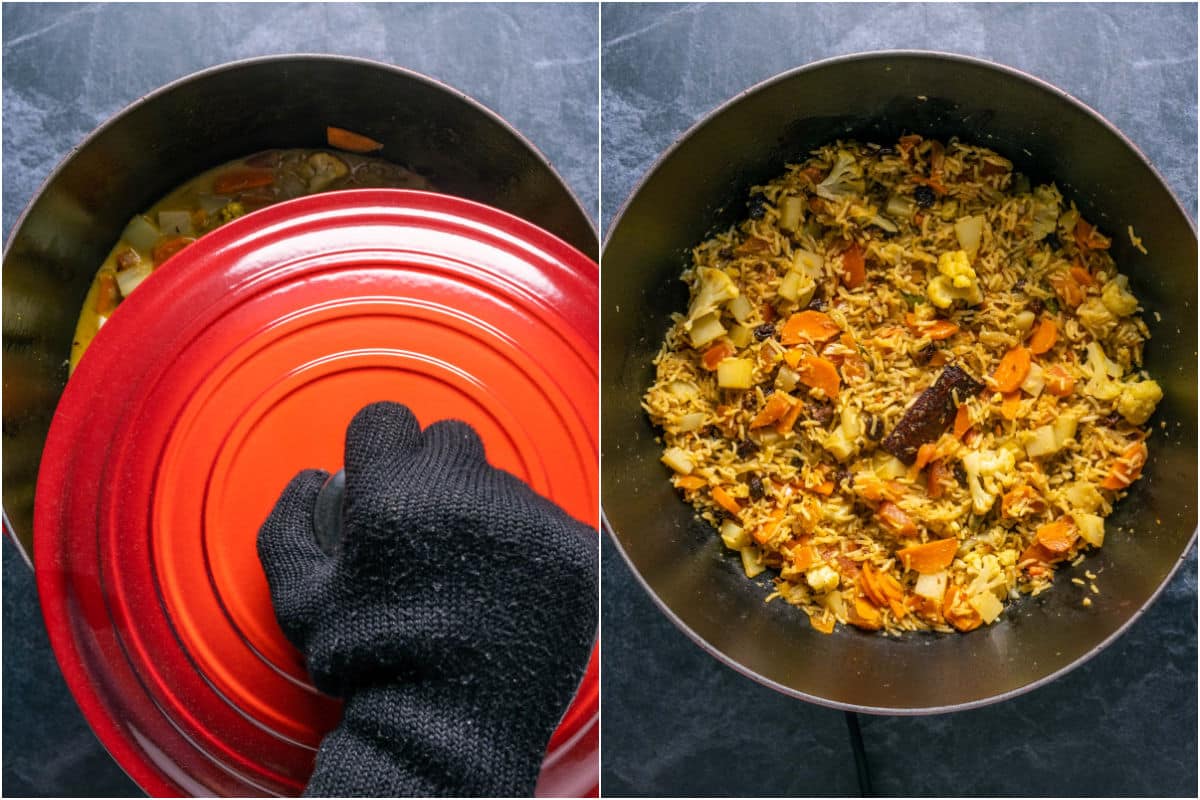 Skillet covered with a lid and simmered until the rice is cooked.