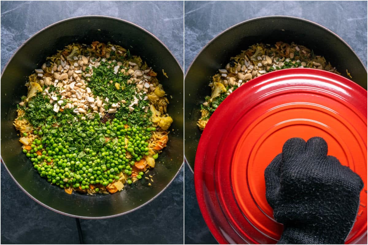 Frozen peas, cashews, mint and cilantro added to skillet and then covered.