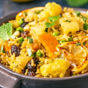 Vegan biryani in a bowl.