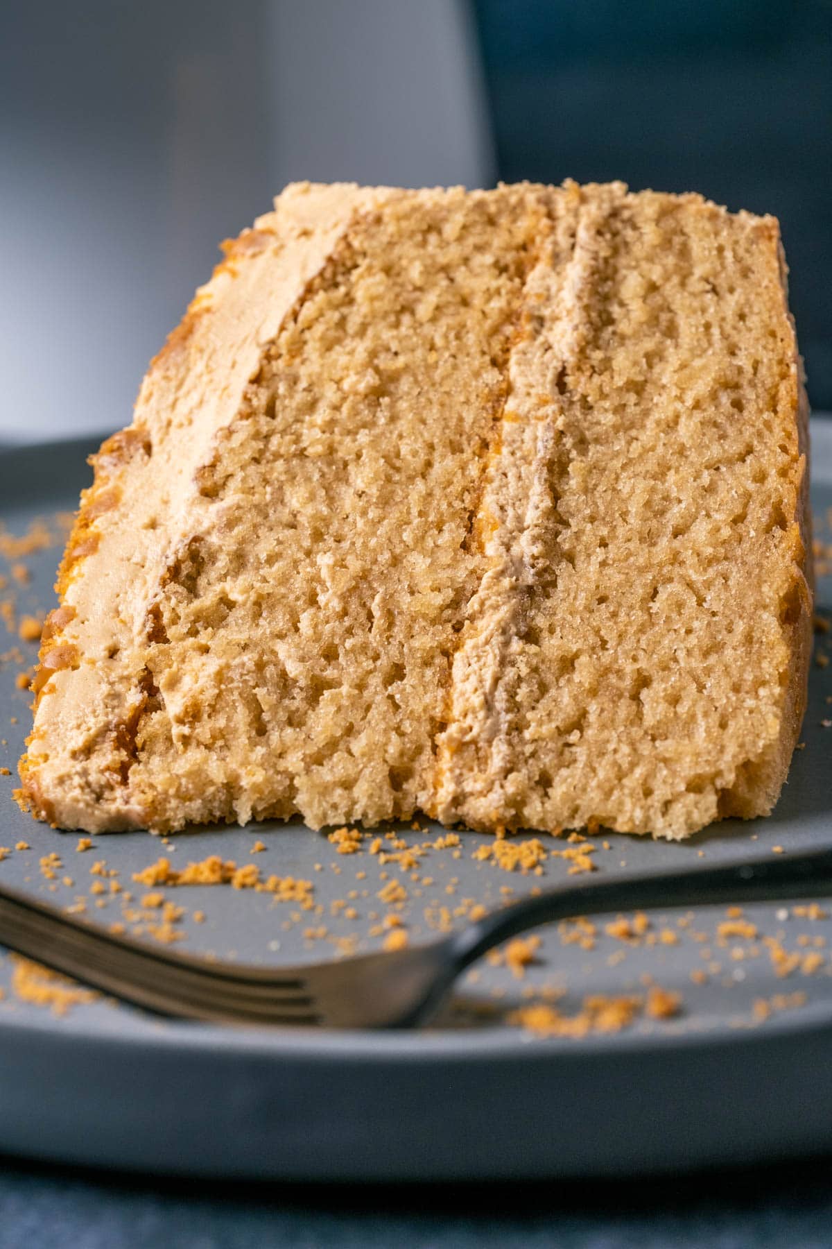 Slice of vegan biscoff cake on a gray plate with a fork.