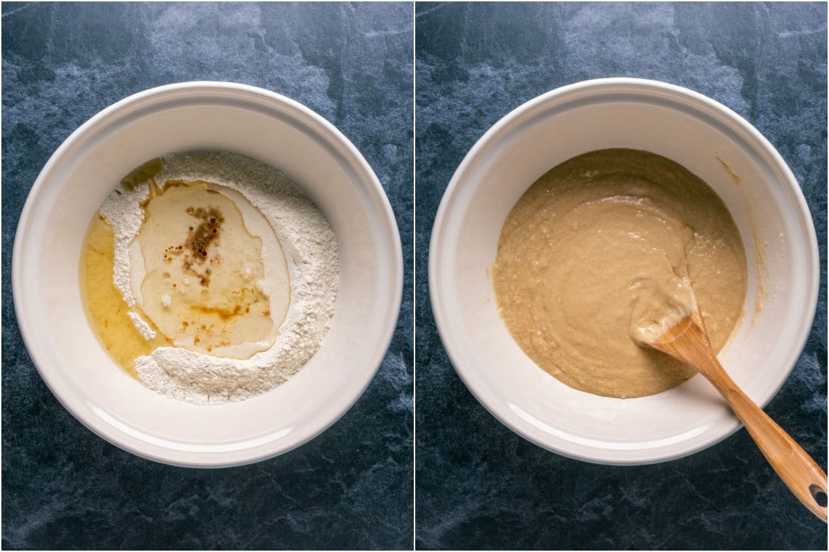 Two photo collage showing wet ingredients added to bowl and mixed into a batter.