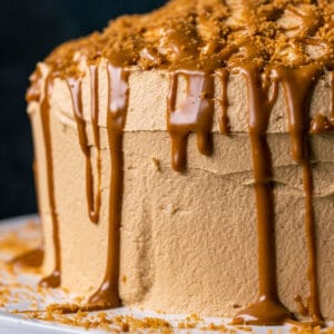 Vegan biscoff cake topped with melted biscoff drizzle and crushed biscoff cookies on a white cake stand.