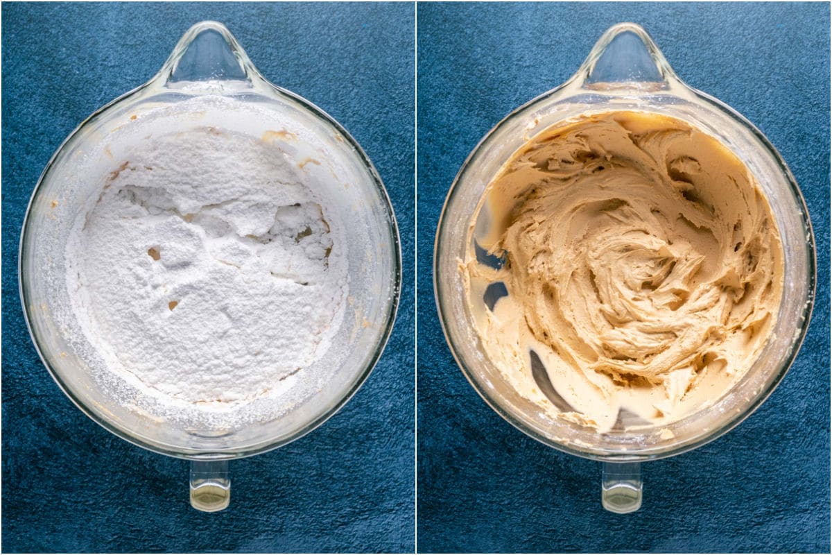 Powdered sugar added to stand mixer and mixed into a biscoff frosting.