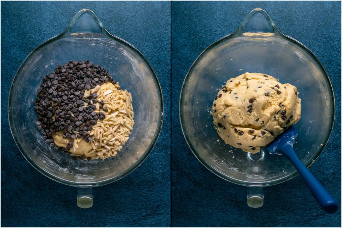 Vegan chocolate chips and slivered almonds added to bowl and mixed in.