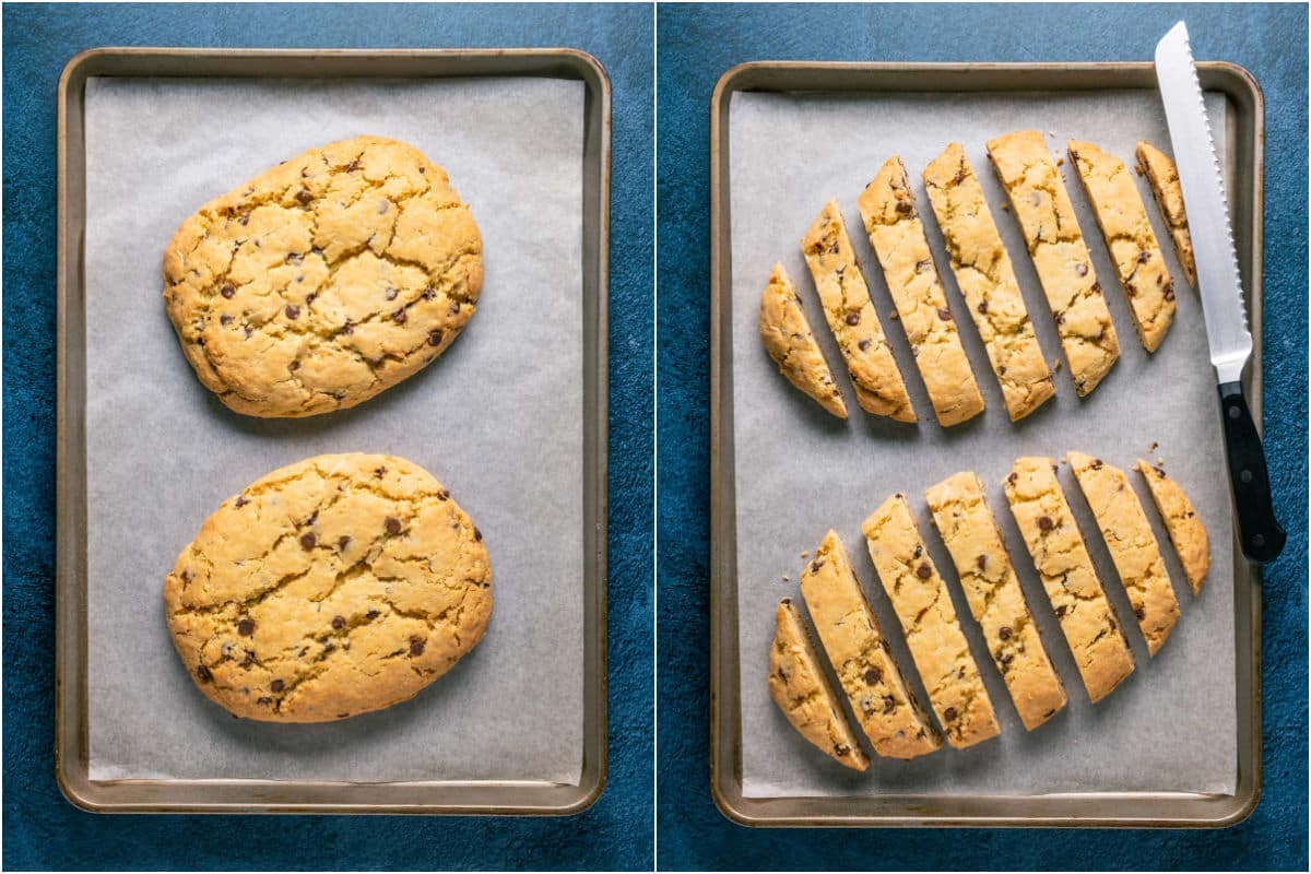 Baked biscotti dough on a parchment lined baking sheet and then cut into slices.