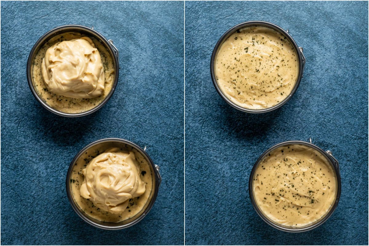 Two photo collage showing more vegan blue cheese mix added to spring form pans and smoothed down.