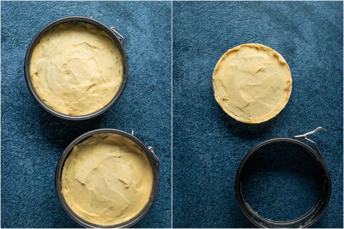 Two photo collage showing the set vegan blue cheese and then removed from the spring form pan.