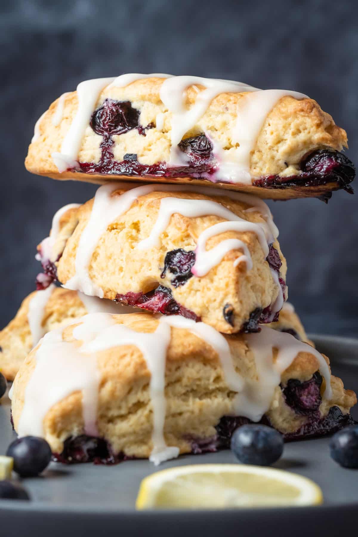 Stack of vegan blueberry scones.