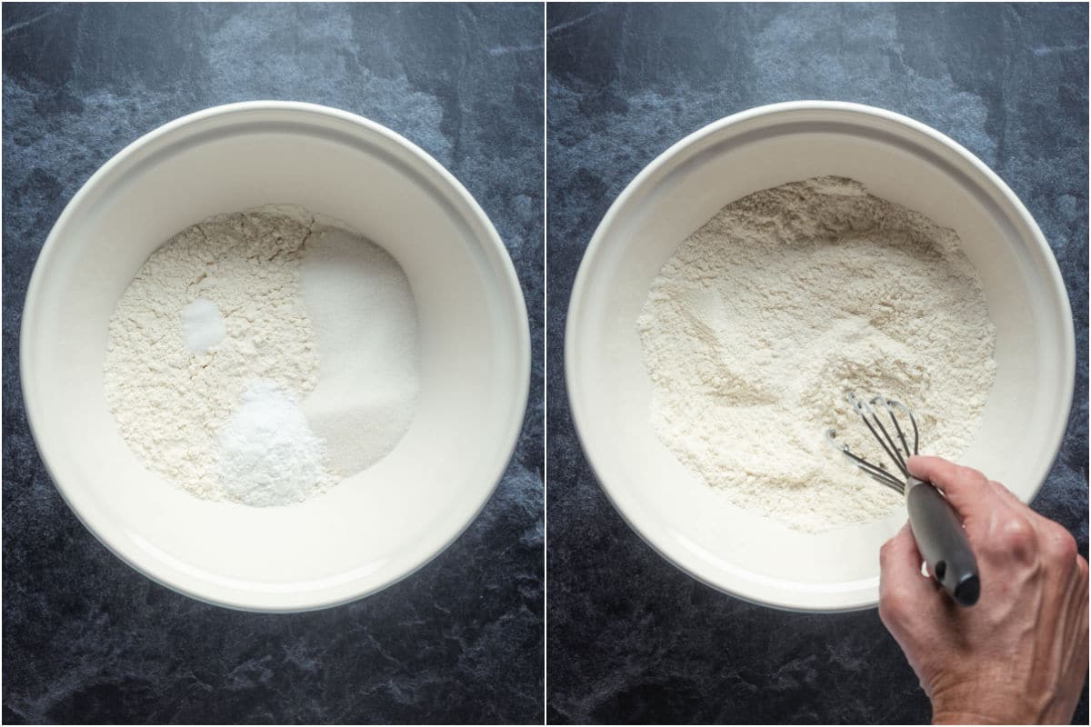 Dry ingredients added to mixing bowl and mixed.