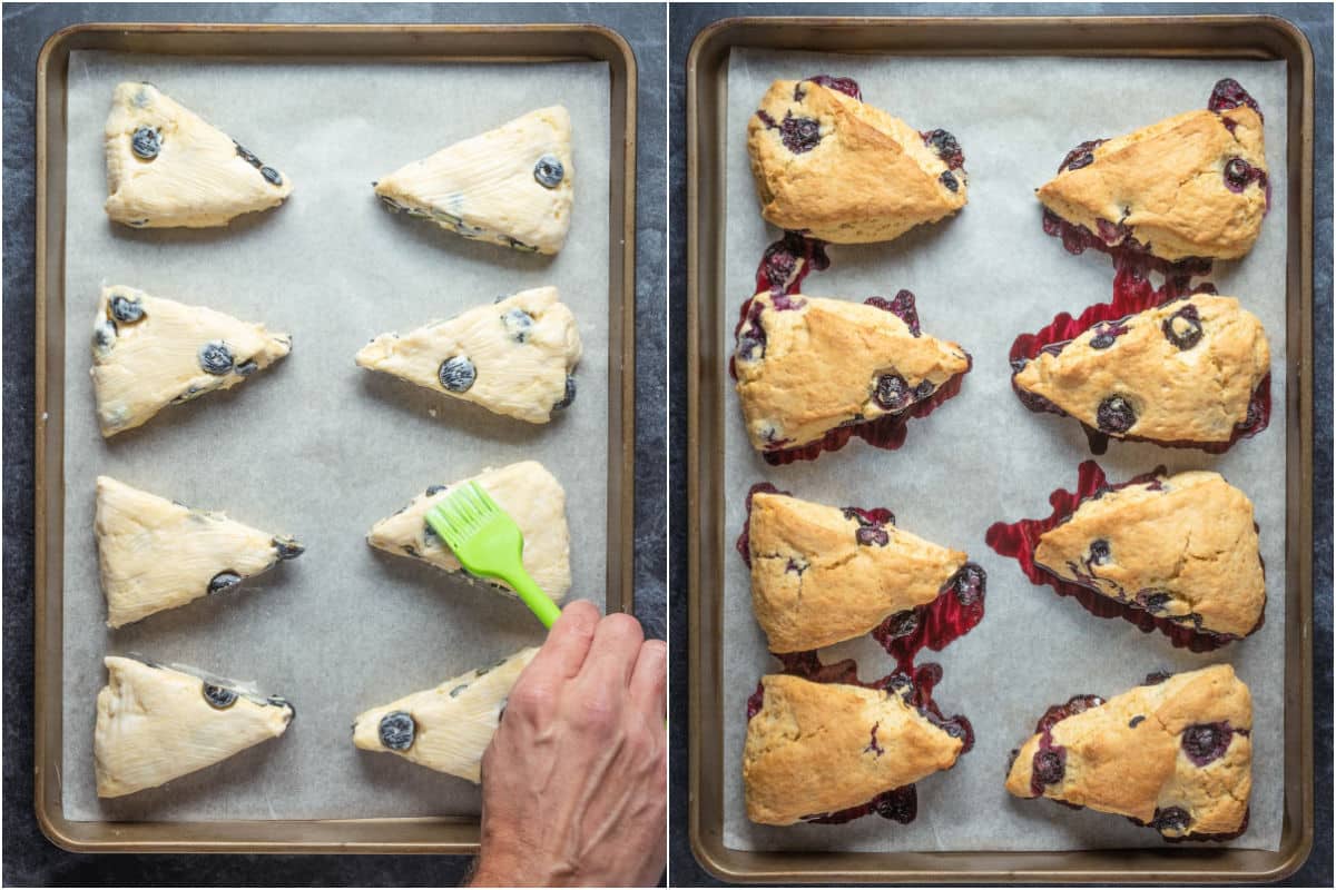 Tops of the scones brushed with coconut cream and then baked.