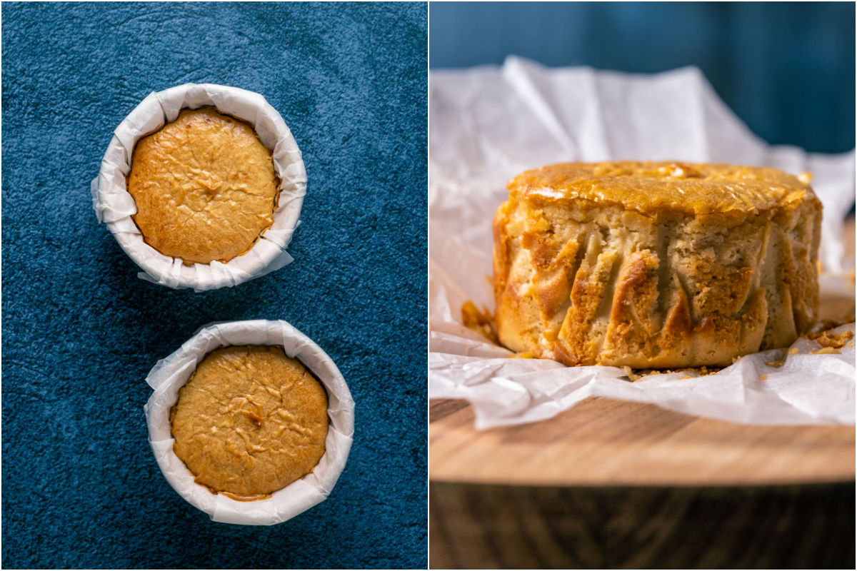 Two photo collage showing baked brie cheese in ramekins and then placed onto a wooden board.