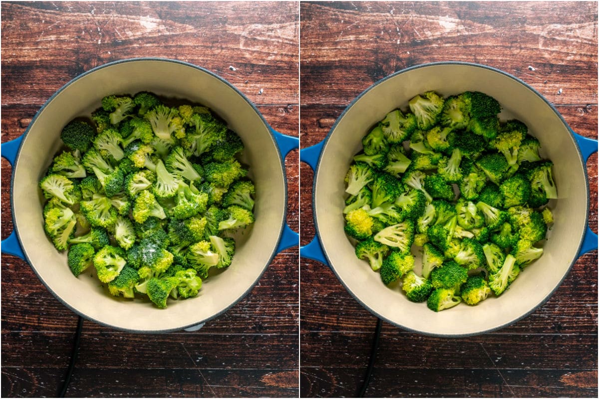 Olive oil and broccoli florets added to pot and sautéed.