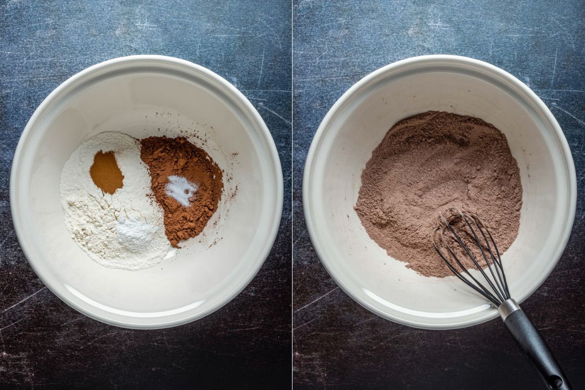 Dry ingredients poured into a bowl and mixed together