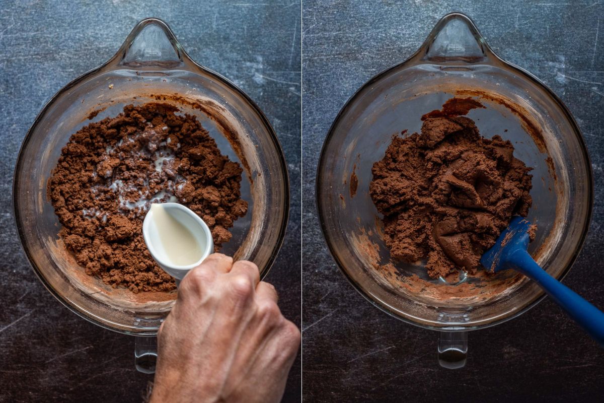 Add soy milk to brownie mix and mix into thick cookie dough