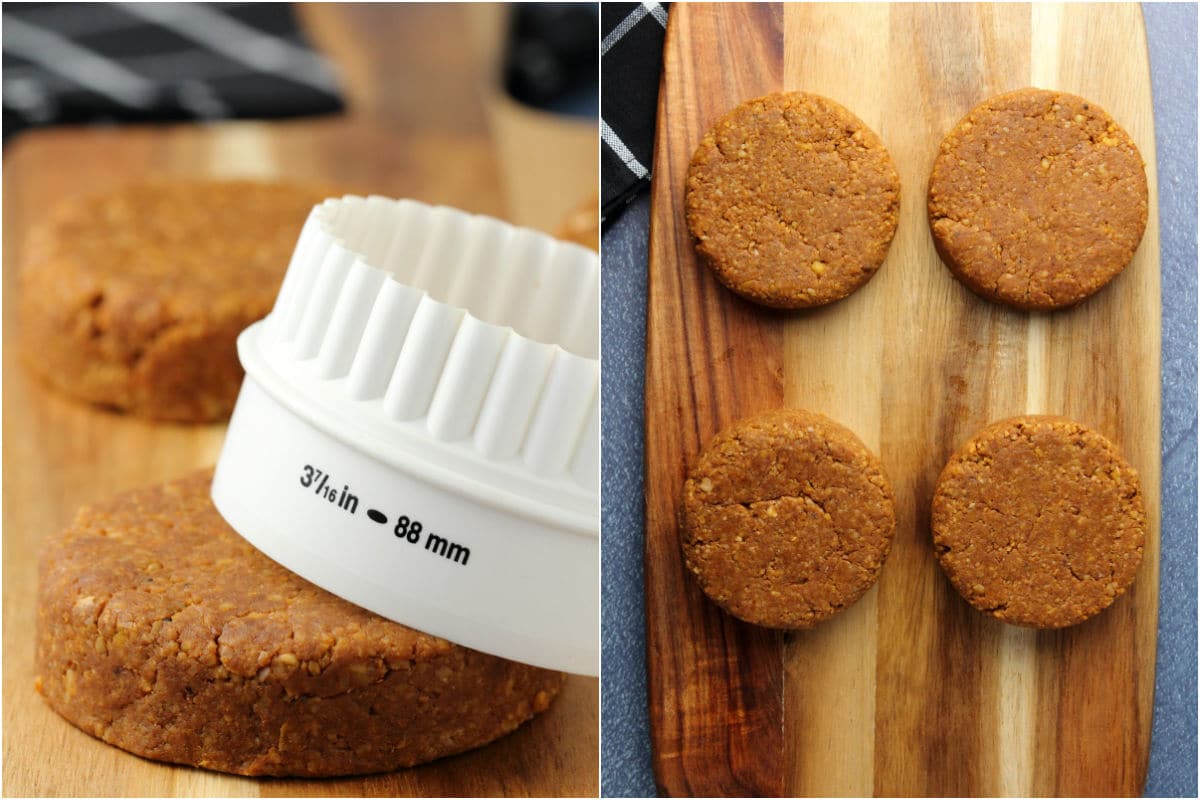 Two photo collage showing shaping the burgers into burger patties.