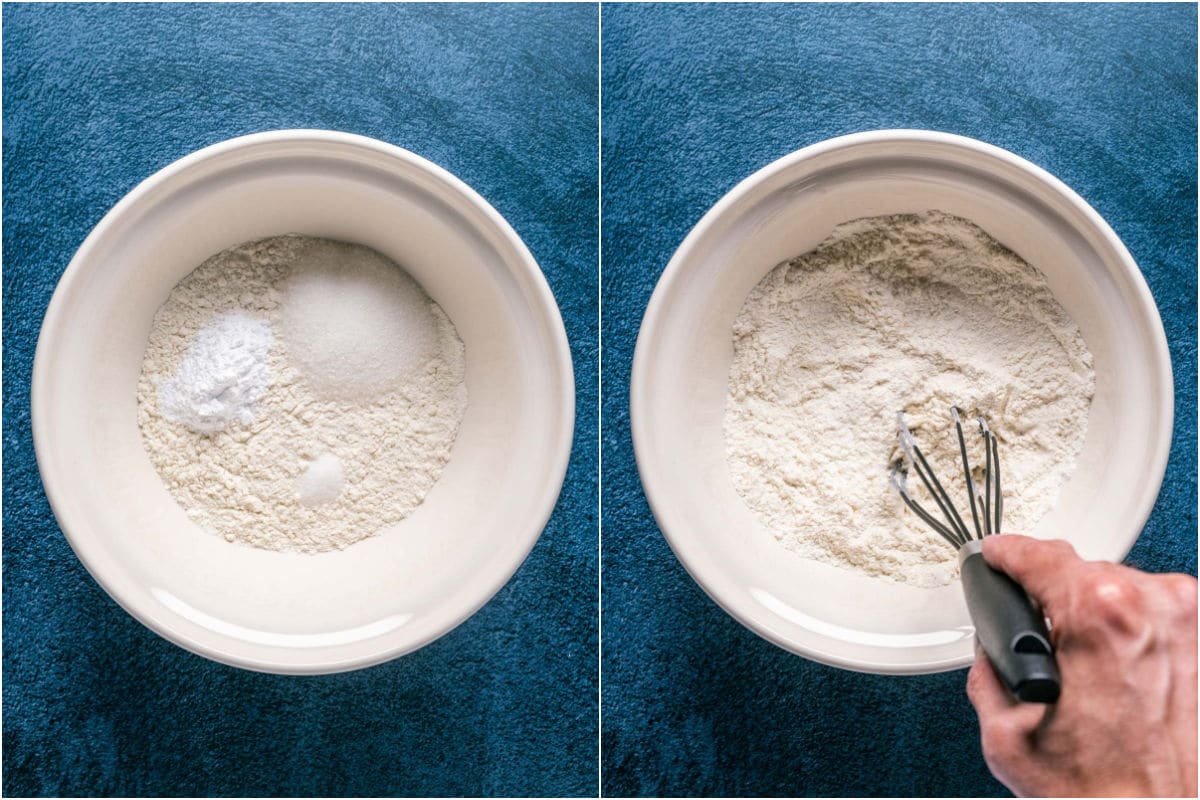 Two photo collage showing dry ingredients added to mixing bowl and mixed together.