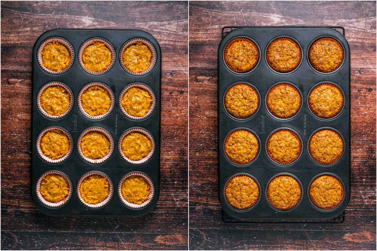 Two photo collage showing the cupcakes before and after baking.