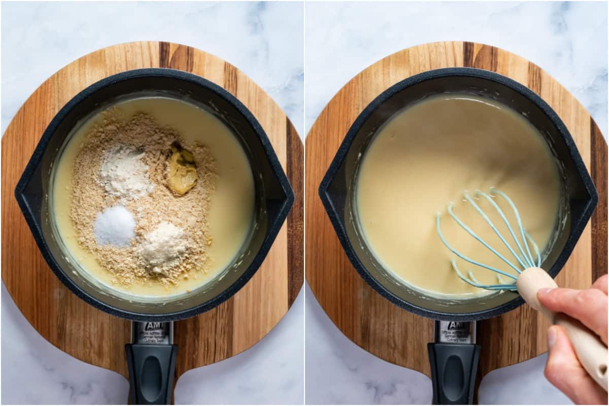 Two photo collage showing spices added to sauce and whisked in.