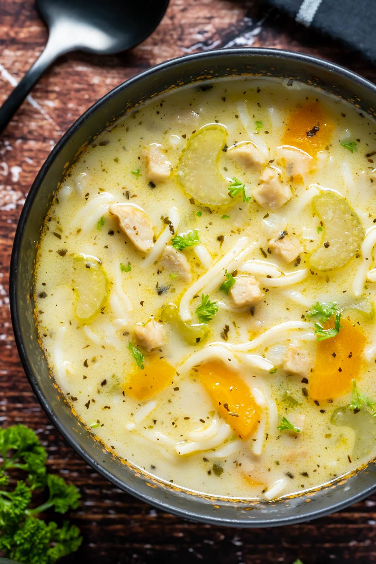 Vegan chicken noodle soup in a bowl.