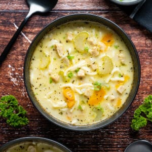 Vegan chicken noodle soup in a bowl.