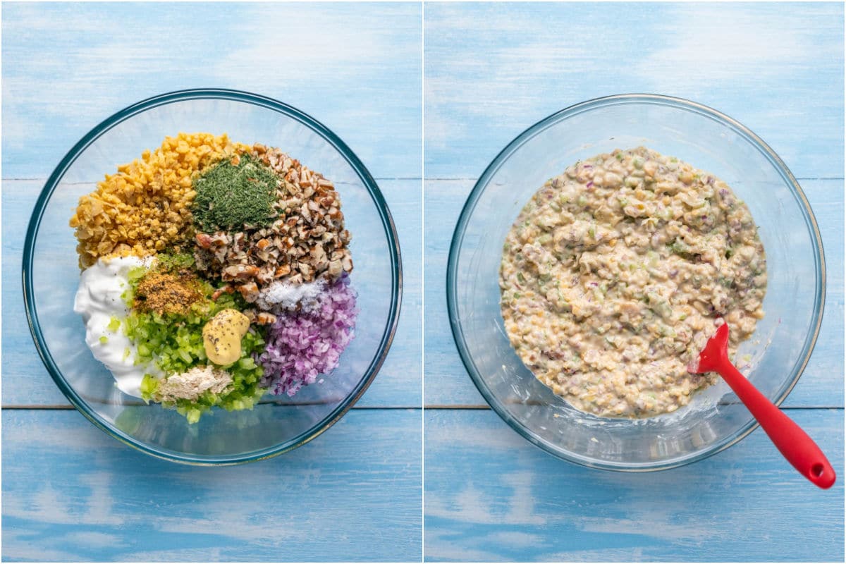 Ingredients for vegan chicken salad added to mixing bowl and mixed together.