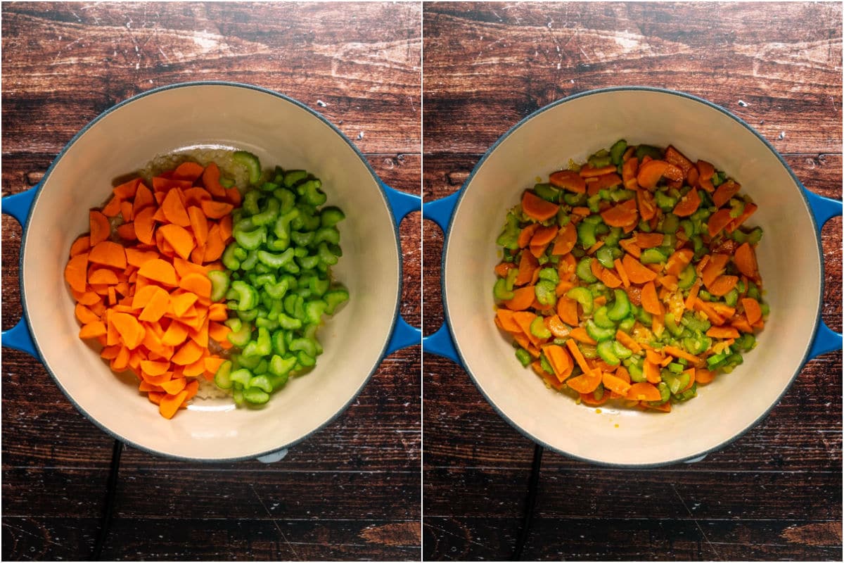 Chopped celery and carrot added to pot and sautéed.