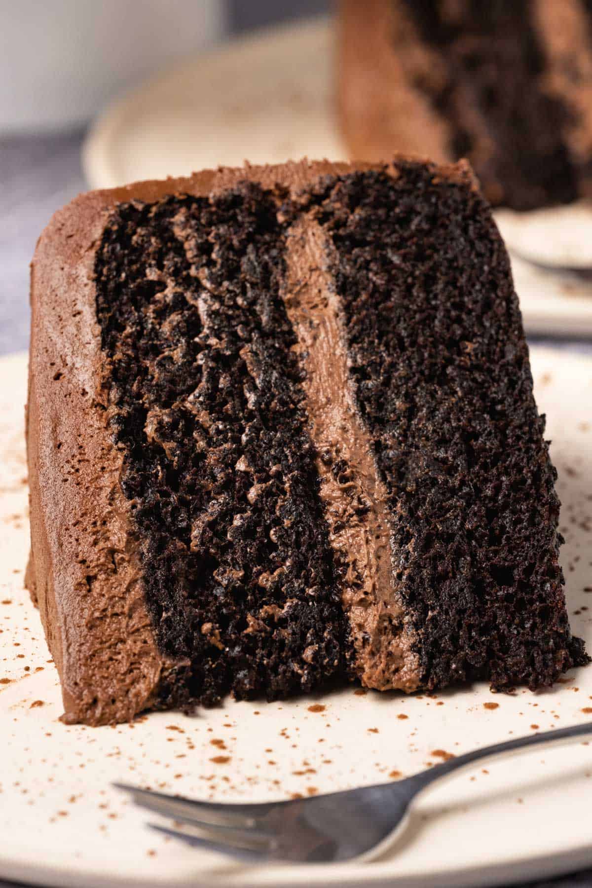 Slice of vegan chocolate cake on a white plate with a cake fork.