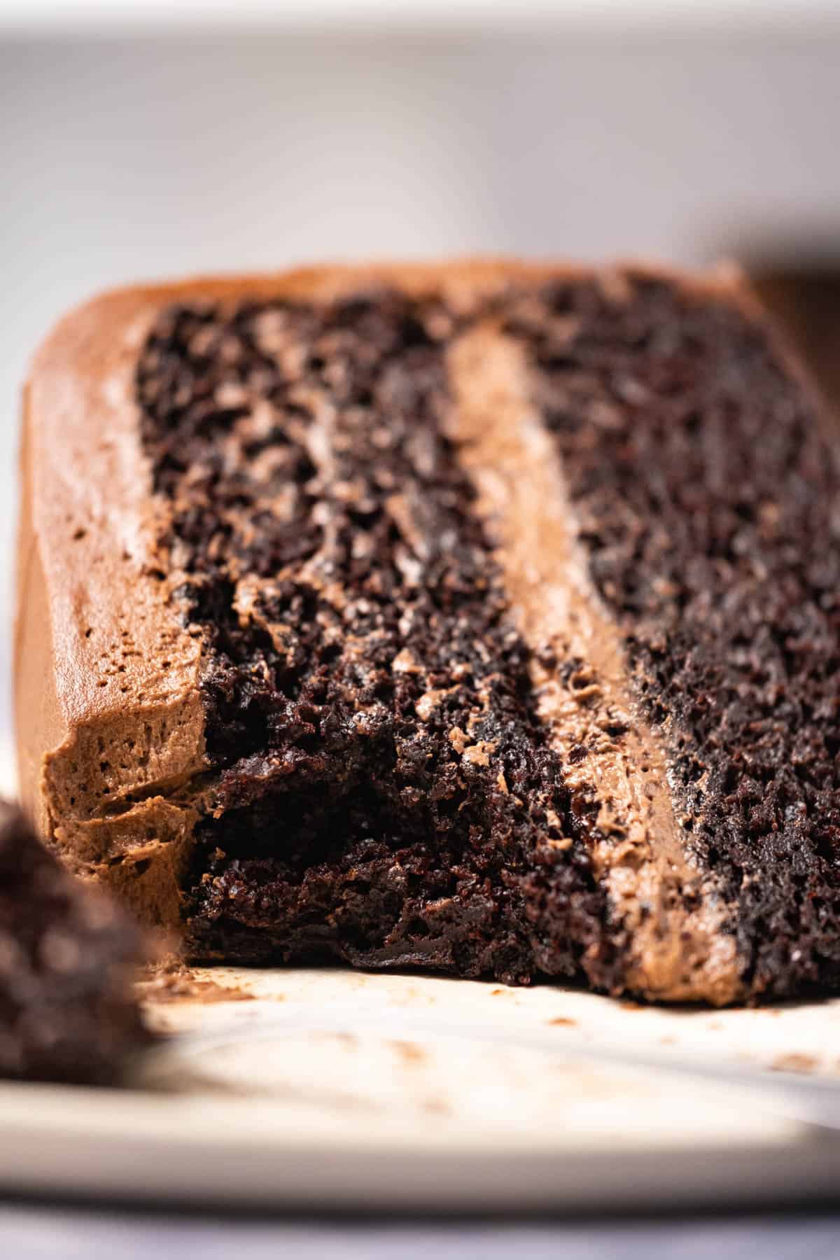 Slice of vegan chocolate cake on a white plate with a cake fork.