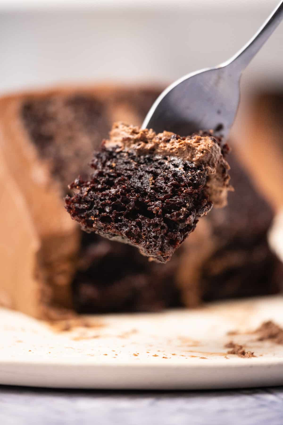 Forkful of vegan chocolate cake.