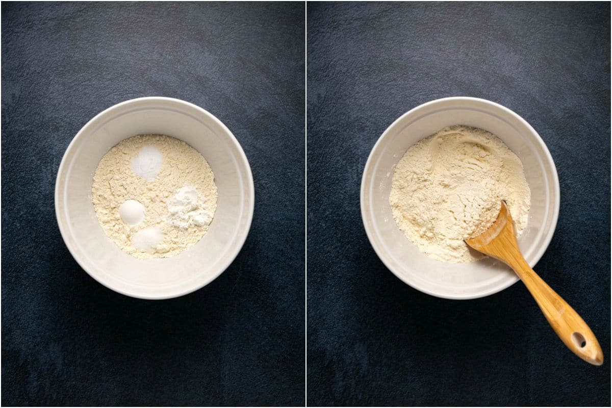 Two photo collage showing dry ingredients added to mixing bowl and mixed together.