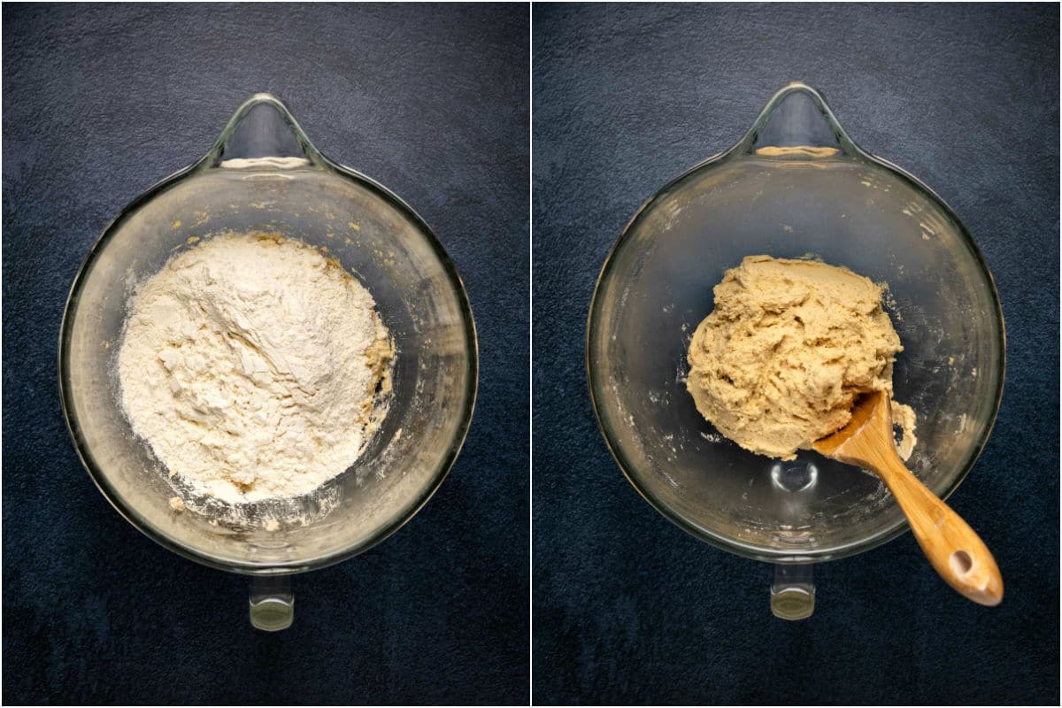 Two photo collage showing dry ingredients added to wet and mixed into a cookie dough.